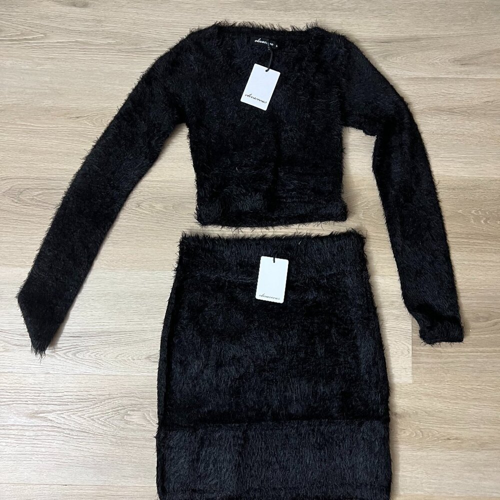 NWT Black Fuzzy Top and Skirt Set - Top S Skirt M (fits like S) - Olivaceous